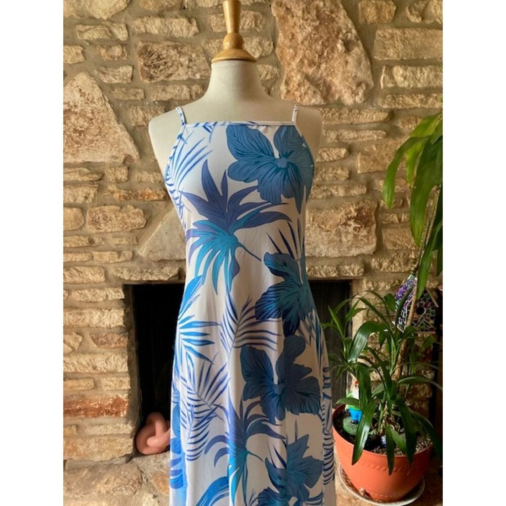 White & Blue Tropical Palm Print Maxi Dress - Size S